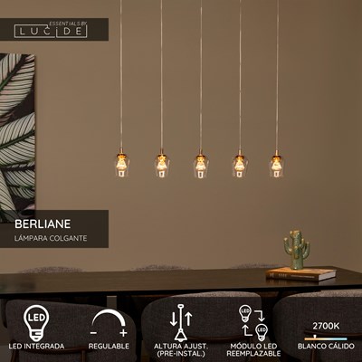 Lucide BERLIANE - Lámpara colgante - LED Regul. - 5x4W 2700K - Con módulo LED reemplazable - Transparente | Essential